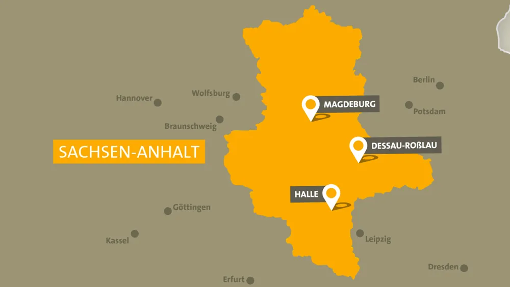 Karte von Sachsen-Anhalt mit den 3 Oberzentren Magdeburg, Halle und Dessau-Roßlau