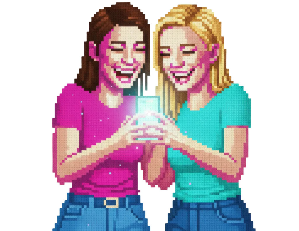 Zwei junge Frauen schauen zusammen lachend auf ein Smartphone