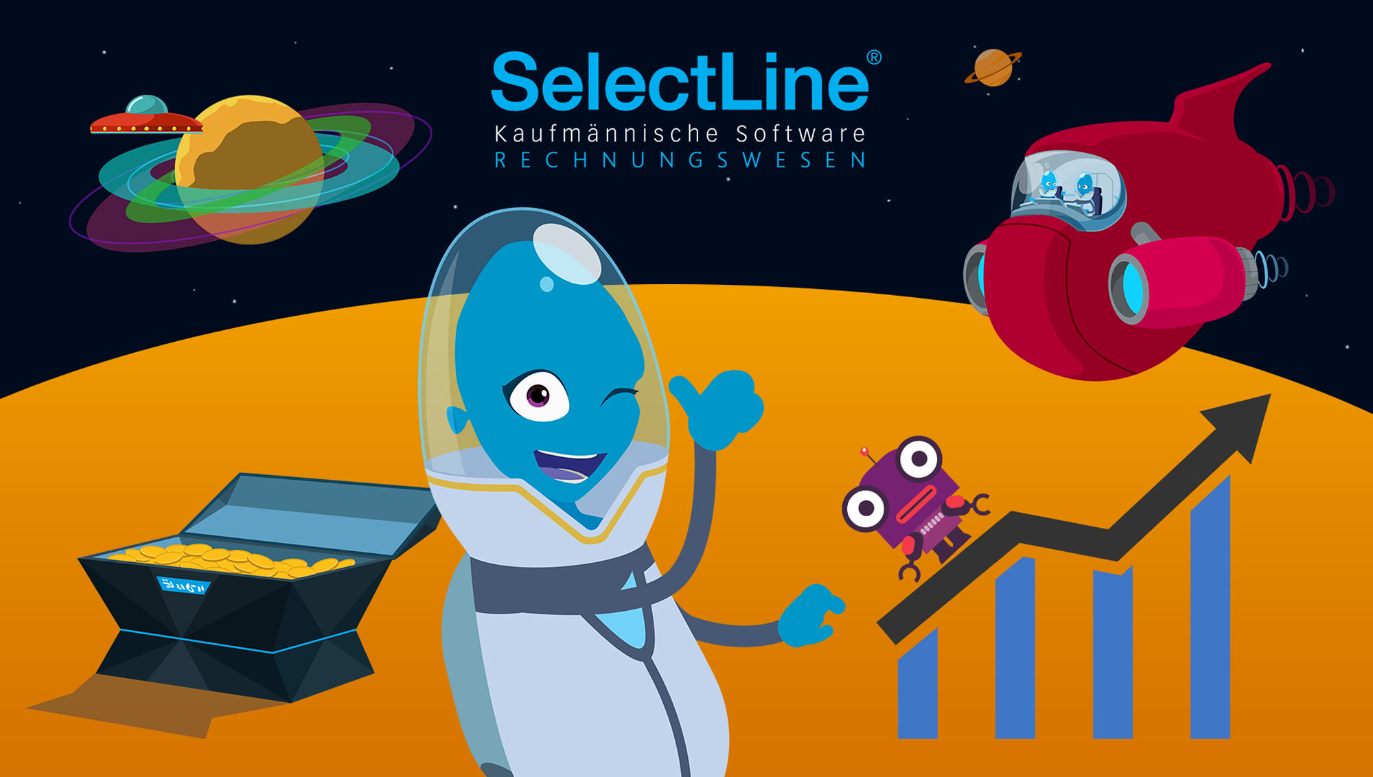 Lumixa, ein Comic-Alien in einer Werbung für SelectLine Software